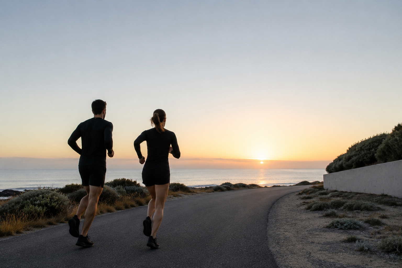 Two runners beginning a sunrise run by the coast