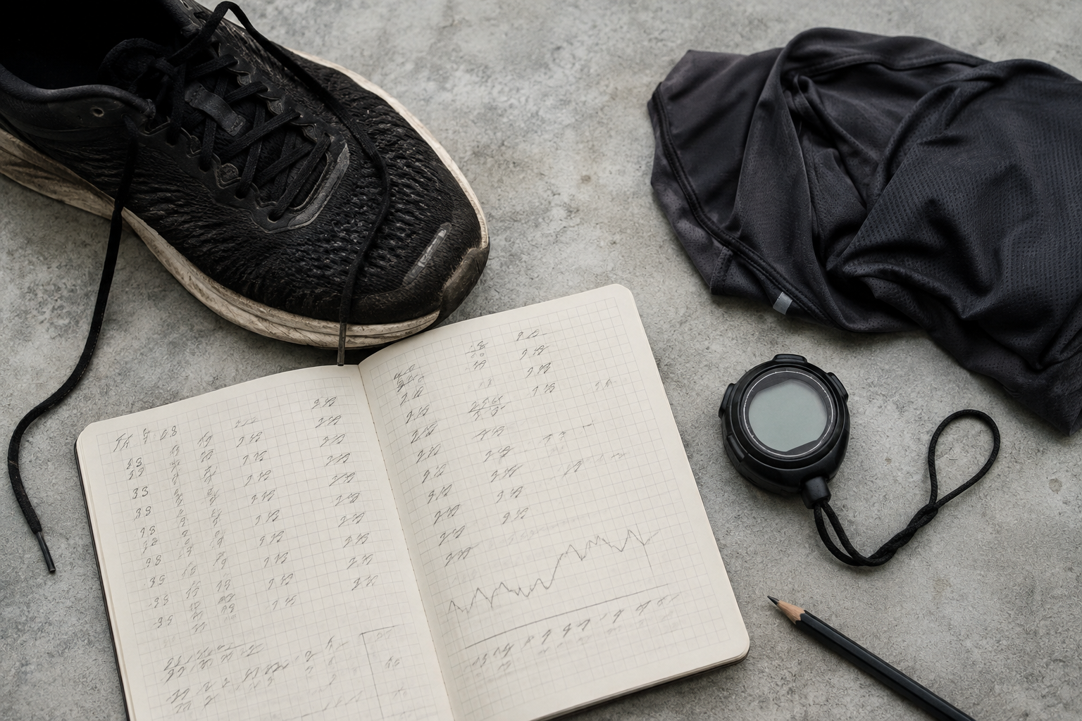 Runner's planning desk with a black shoe and training equipment