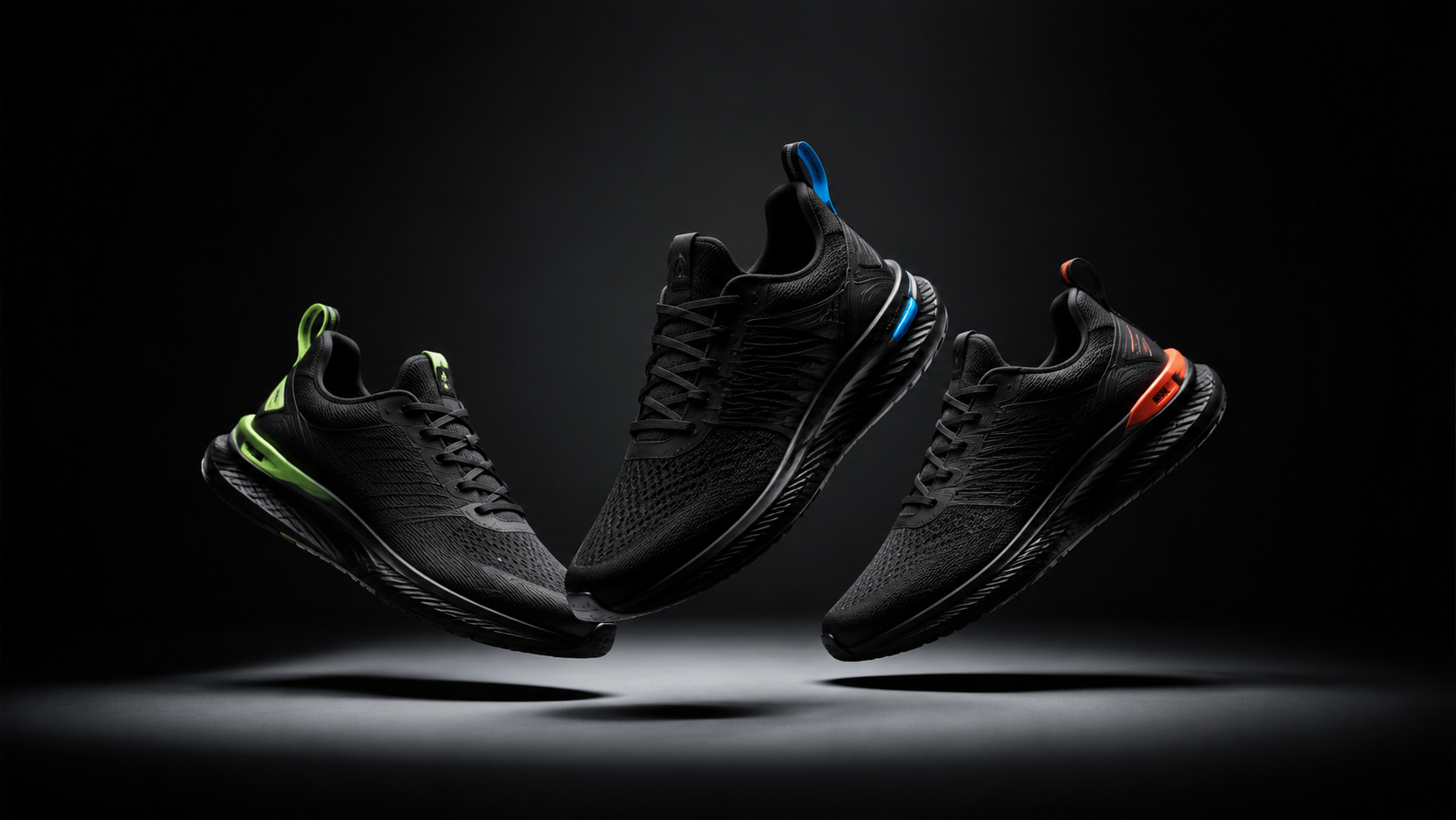 Three KOVA shoes floating in a dark studio