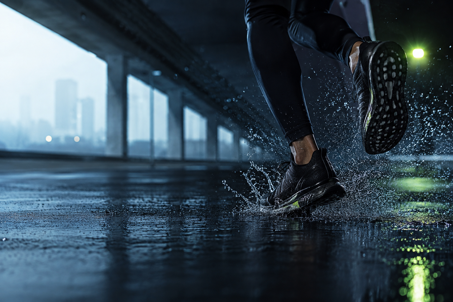 Runner wearing KOVA shoes on wet city asphalt